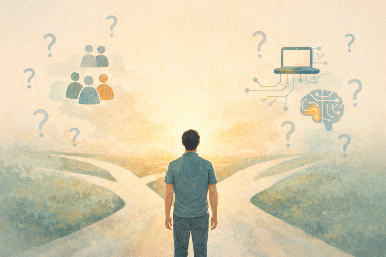 Illustration of a person walking a winding path through technology, people, and possibility